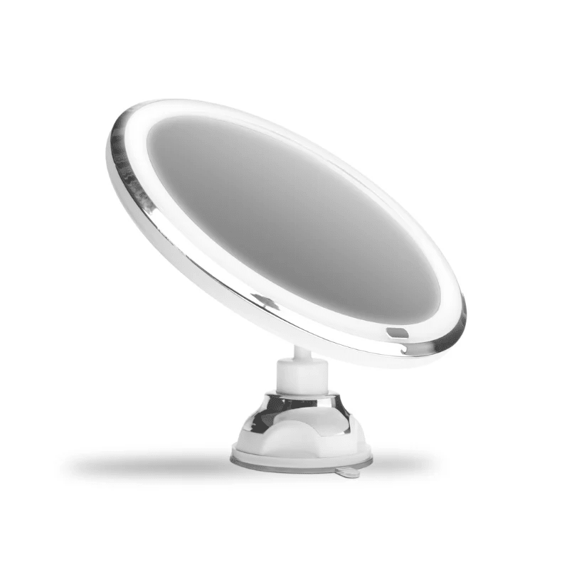 Rundes Gillian Jones Schminkspiegel mit Licht und 10-facher Vergrößerung, auf weißem Saugnapffuß