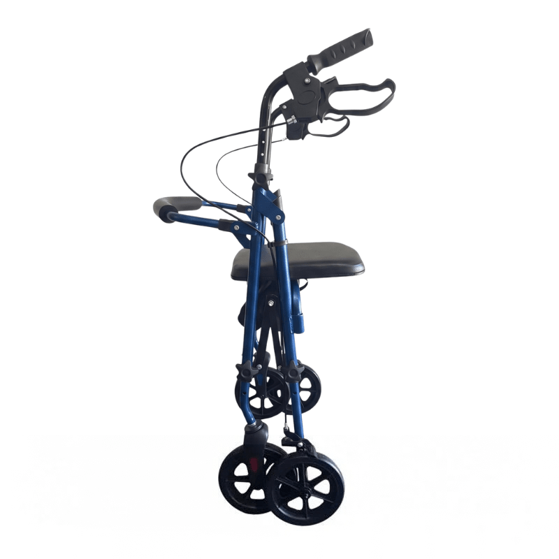 Blauer Ibis Rollator von der Seite im zusammengeklappten Zustand, der sein kompaktes Design zeigt