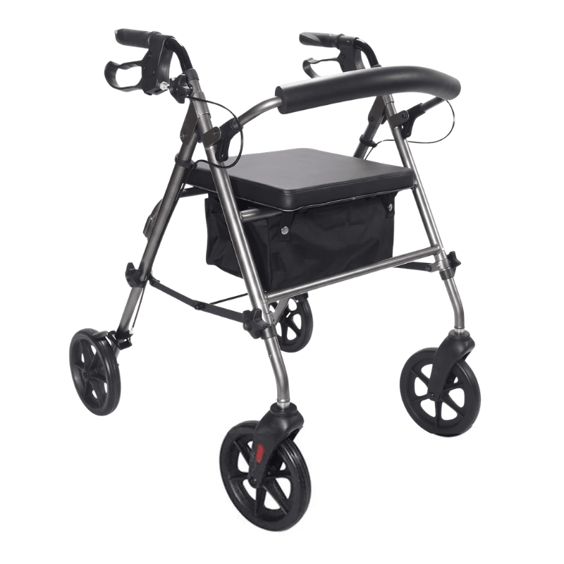 Grauer Ibis Rollator schräg von vorne mit gepolstertem Sitz, Rückenlehne und schwarzem Textilkorb
