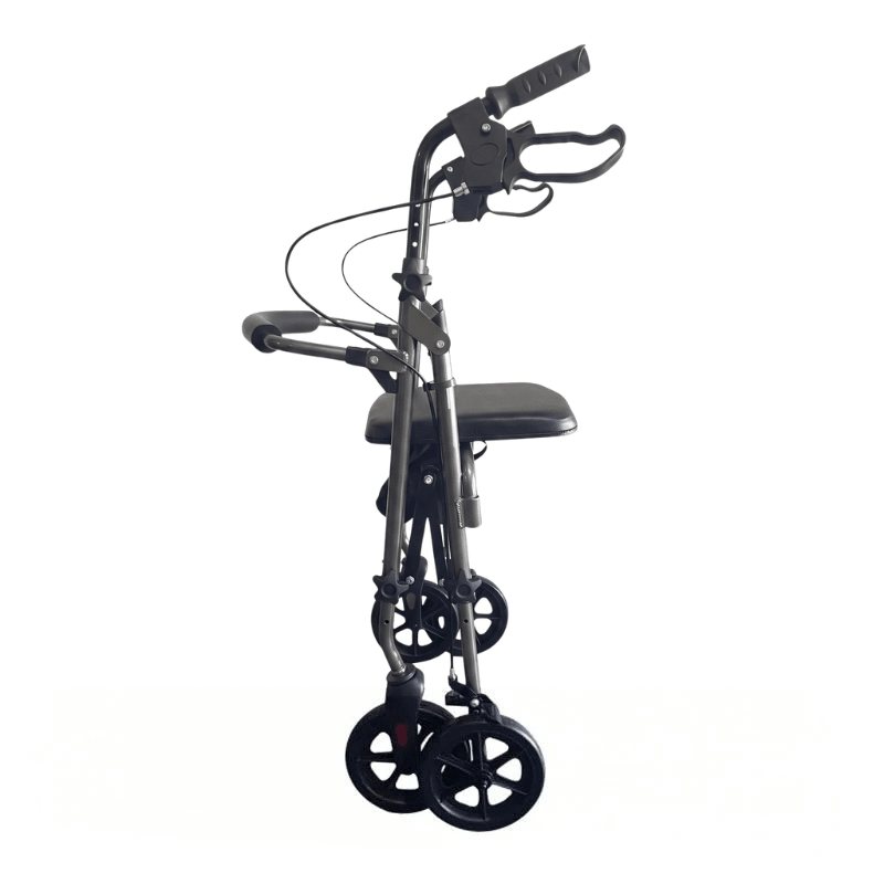 Zusammengeklappter grauer Ibis Rollator von der Seite, der sein kompaktes Design zeigt