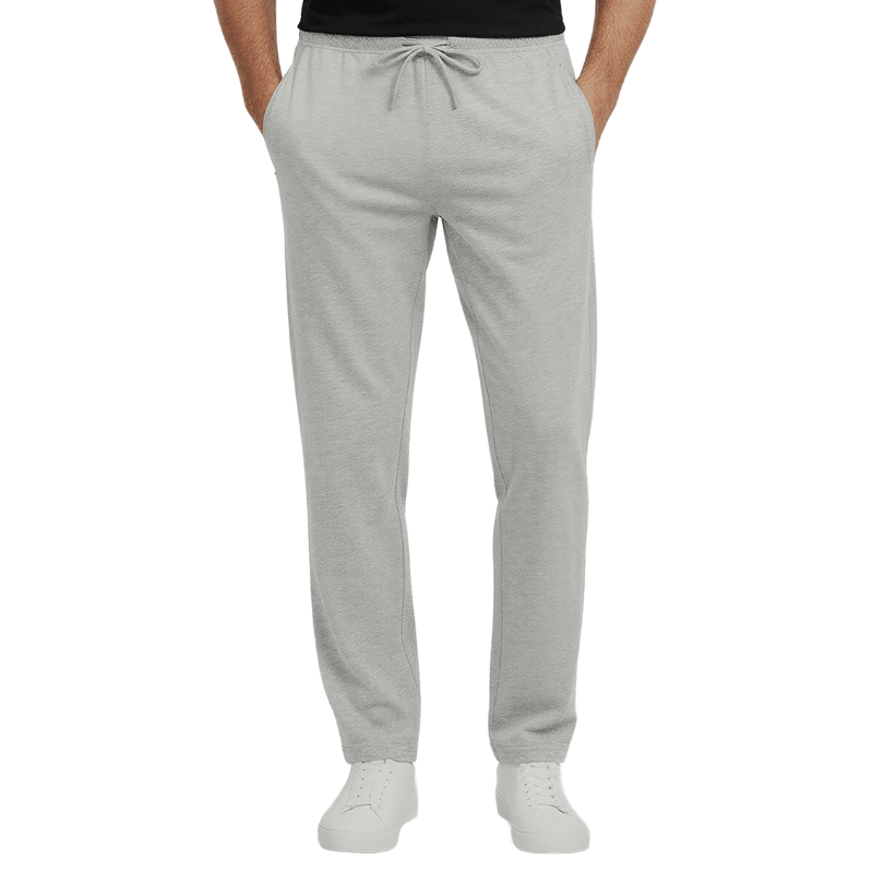 Graue Jogginghose mit Kordelzug in der Taille und Reißverschlusstaschen, frontal an einer Person