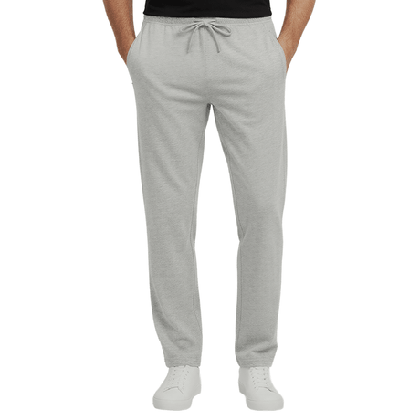 Graue Jogginghose mit Kordelzug in der Taille und Reißverschlusstaschen, frontal an einer Person