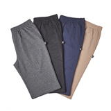 Vier Freizeithosen in Grau, Schwarz, Marineblau und Beige mit Gummibund und Seitentaschen
