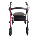 Roter Ibis Rollator direkt von vorne mit schwarzem Sitz, Rückenlehne und Griffen