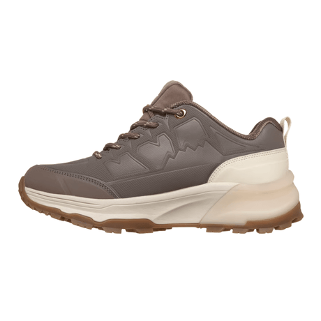 Brauner Skechers Damensneaker von der Seite, mit elastischen Schnürsenkeln und dicker, heller Zwischensohle