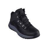 Schwarzer Skechers Herrenstiefel schräg von vorne mit Schnürsenkeln und wasserdichtem Obermaterial aus Leder