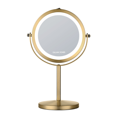 Rundes goldenes Schminkspiegel mit LED-Licht, frontal mit Gillian Jones Logo