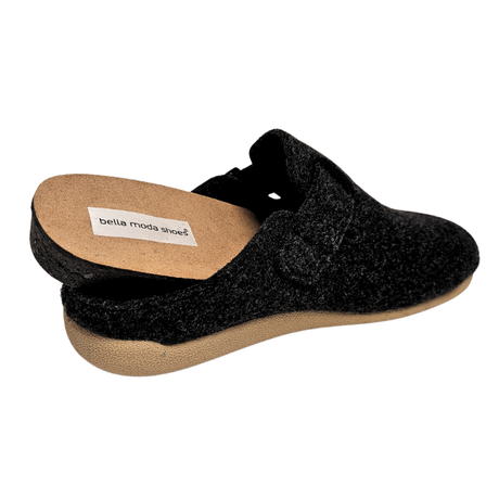 Anthrazitgrauer Damenhausschuh aus Wolle mit herausnehmbarer Innensohle, auf der "bella moda shoes" steht