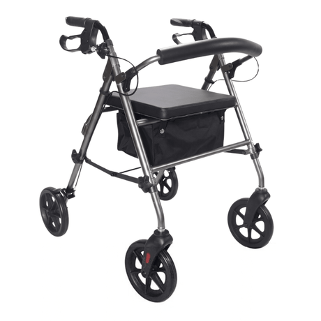 Grauer Ibis Rollator schräg von vorne mit gepolstertem Sitz, Rückenlehne und schwarzem Textilkorb