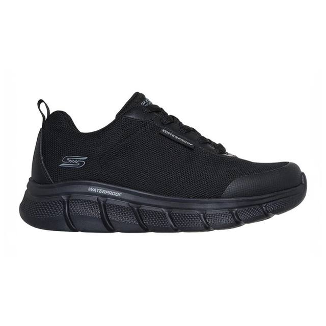 Schwarzer Skechers wasserdichter Herren-Sneaker von der Seite mit Schnürsenkeln und Mesh-Obermaterial