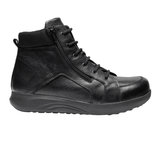 Schwarzer New Feet Herrenstiefel aus Glattleder, seitlich gesehen, mit Schnürsenkeln und Reißverschluss