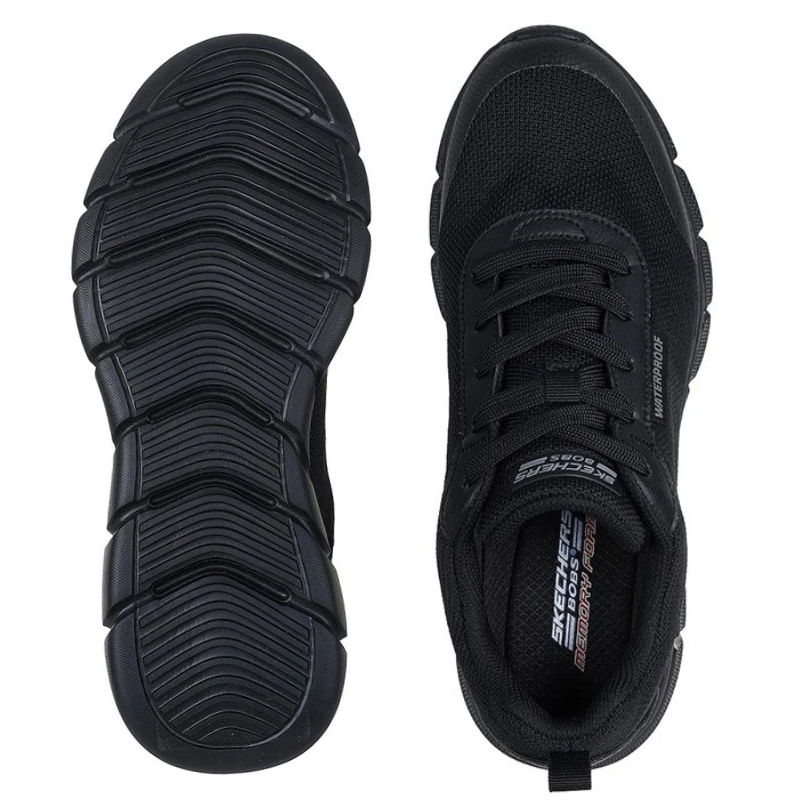 Schwarzer Skechers Herren-Sneaker von oben und eine passende Sohle mit Muster, von unten gesehen