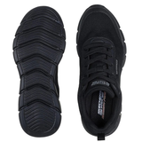 Schwarzer Skechers Herren-Sneaker von oben und eine passende Sohle mit Muster, von unten gesehen